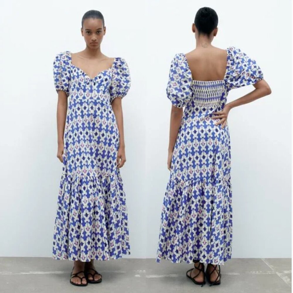 Zara Blue, White and Purple Puff-Sleeve Tiered Maxi Dress